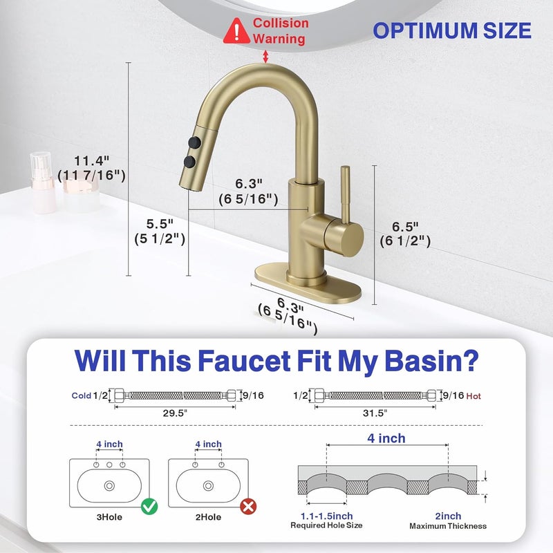 Kablle Bathroom Sink Faucet with Pull Down Sprayer, Brushed Gold Single Handle Pull Out Faucet with Pop-Up Drain, 1 or 3 Hole Laundry Bar Basin Faucet with Deck Plate, KBL-7002BG-CL - Image 5